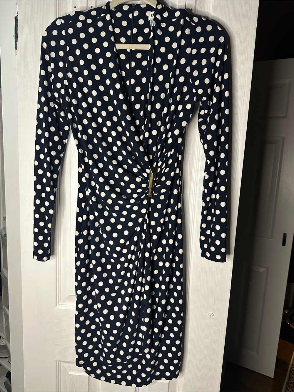 DKNY Navy and White Polka Dot Long-Sleeve Wrap Dress